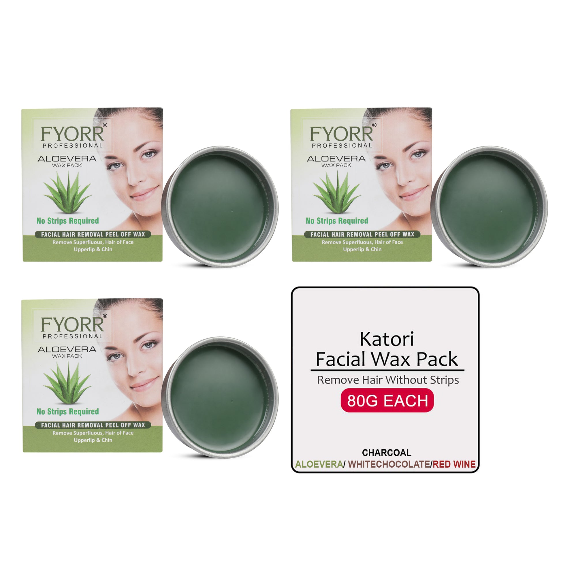FYORR Facial Katori Peel-Off Wax Aloe Vera, Green, 80 gm each