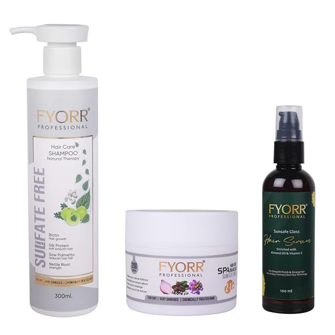 FYORR Sulfate-Paraban Free Biotin Rich Hair Fall Control Shampoo For Smooth Hair(300ml) With Onion Hair Mask (Spa Conditioner 200g) And Hair Serum (100ml) For Dry Frizzy Damage Chemically Treated Hair