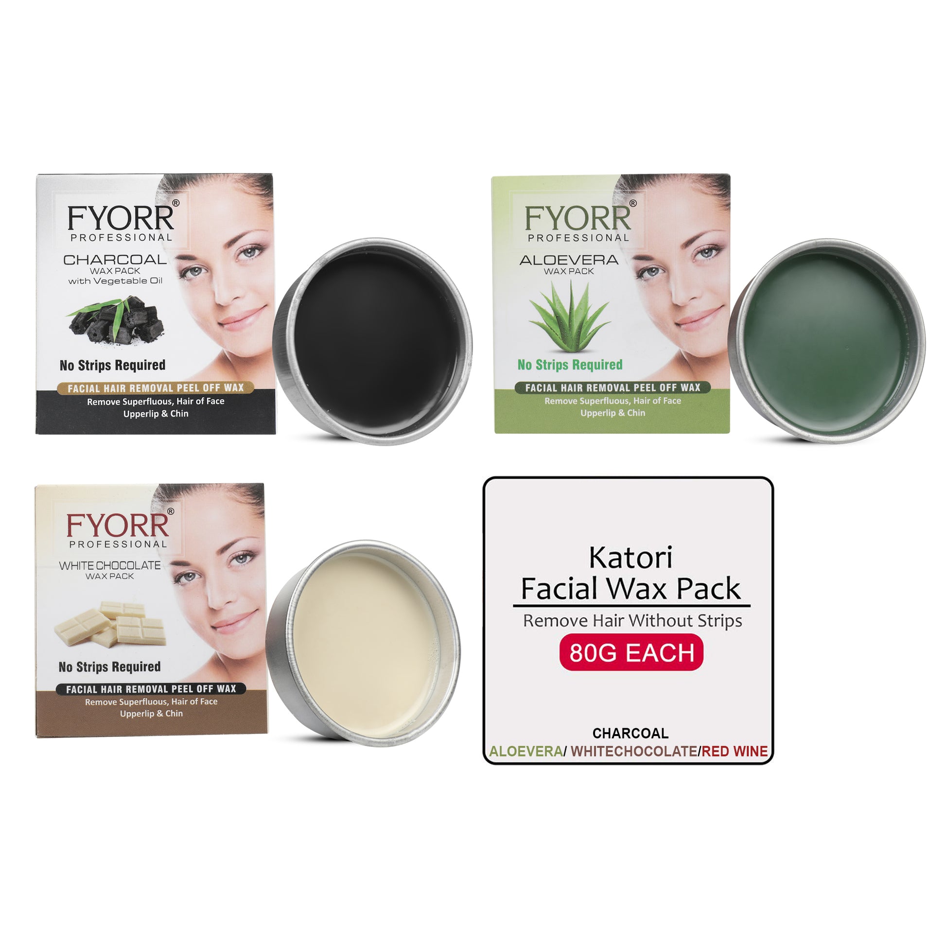 FYORR Women Facial Katori Peel-Off Wax Combo Of 3 White Chocolate, Aloe Vera & Charcoal - 80Gm Each
